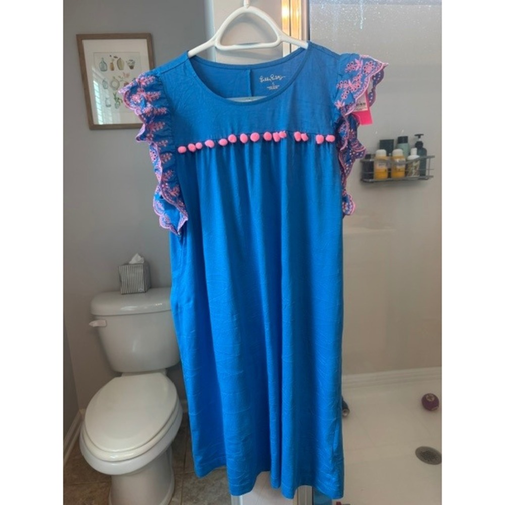 Lilly Pulitzer Ave Dress S Blue Flare Pink Embroidered Ruffle Sleeve Pom Pom NWT